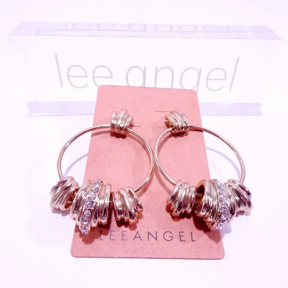 Neiman Marcus Lee Angel  Women's Gold Pave Multi Ring Hoop Earrings NWT 98